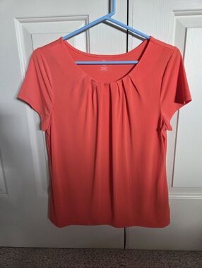 Worthington Women's Vibrant Coral Pleated Petite Large Scoop Neck Top